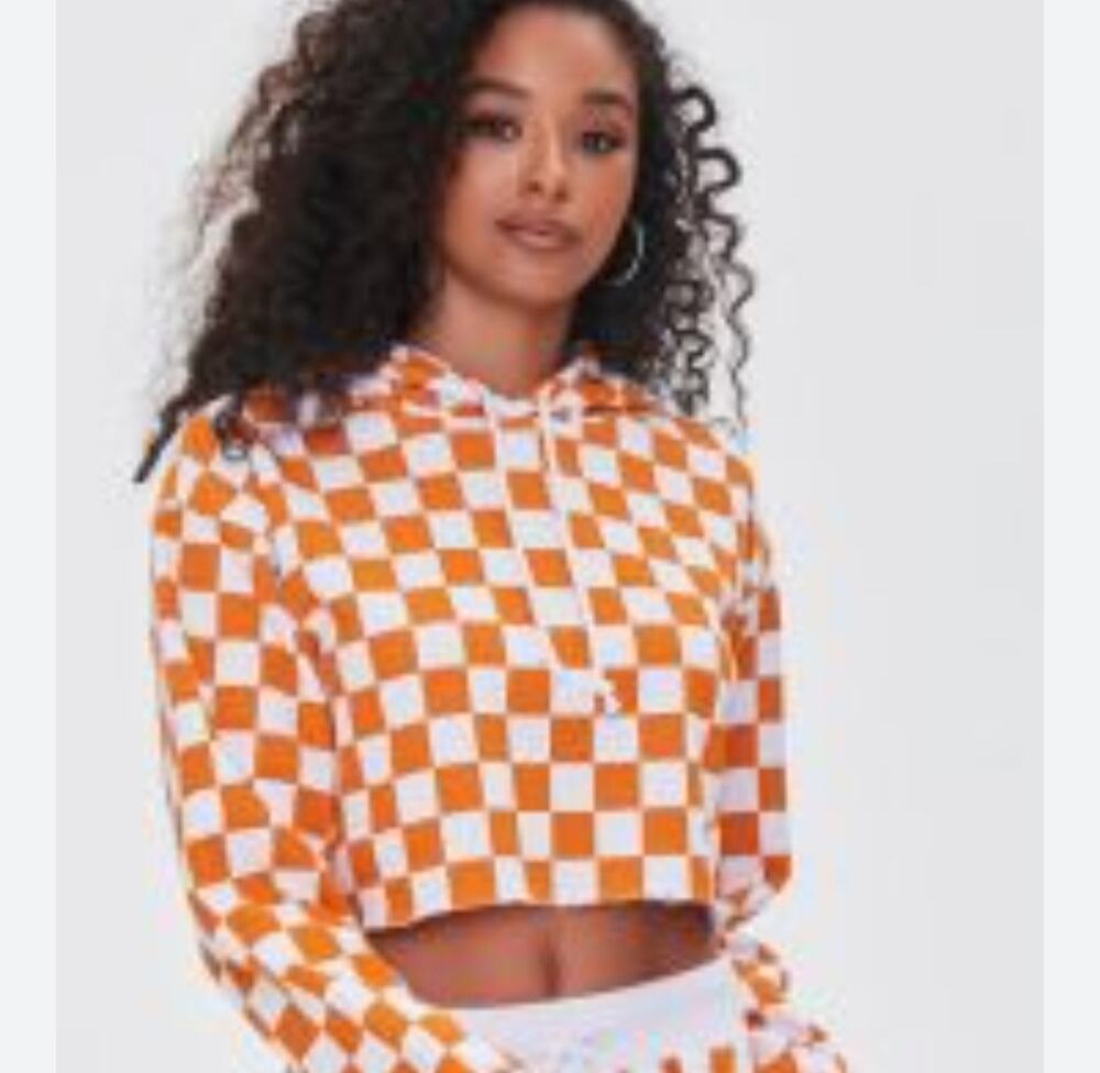 New orange and white checkered cropped hoodie size M